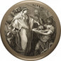 Round metal enamel-style pin with engraved 'head on a platter' scene