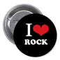 Rock pinback button: black circle with 'I ♥ ROCK' print