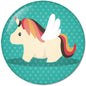 Unicorn pinback button with rainbow mane on teal dotted background, 2.25 in