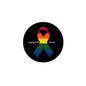 Rainbow pride pinback button with black border, 'support' and 'love' text