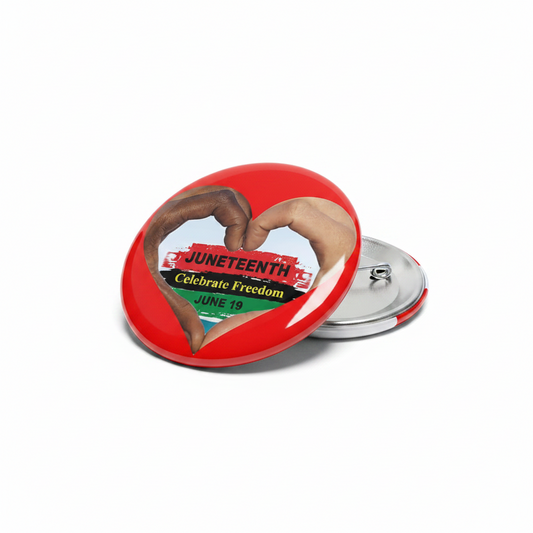 Red heart-shaped Juneteenth pinback with “Juneteenth Celebrate Freedom” text and silver back
