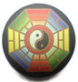 Round dark enamel pin badge with yin-yang logo at center