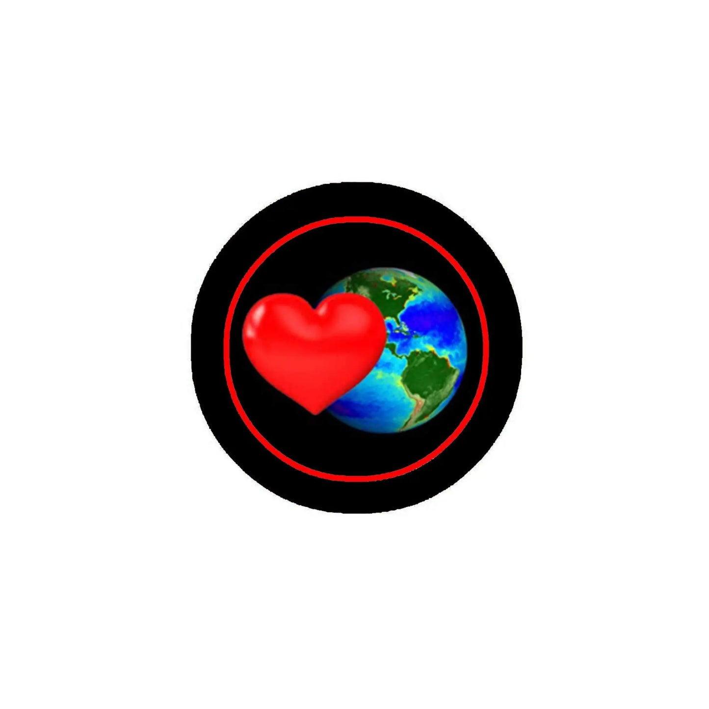 Round black pinback badge with red heart over colorful Earth globe