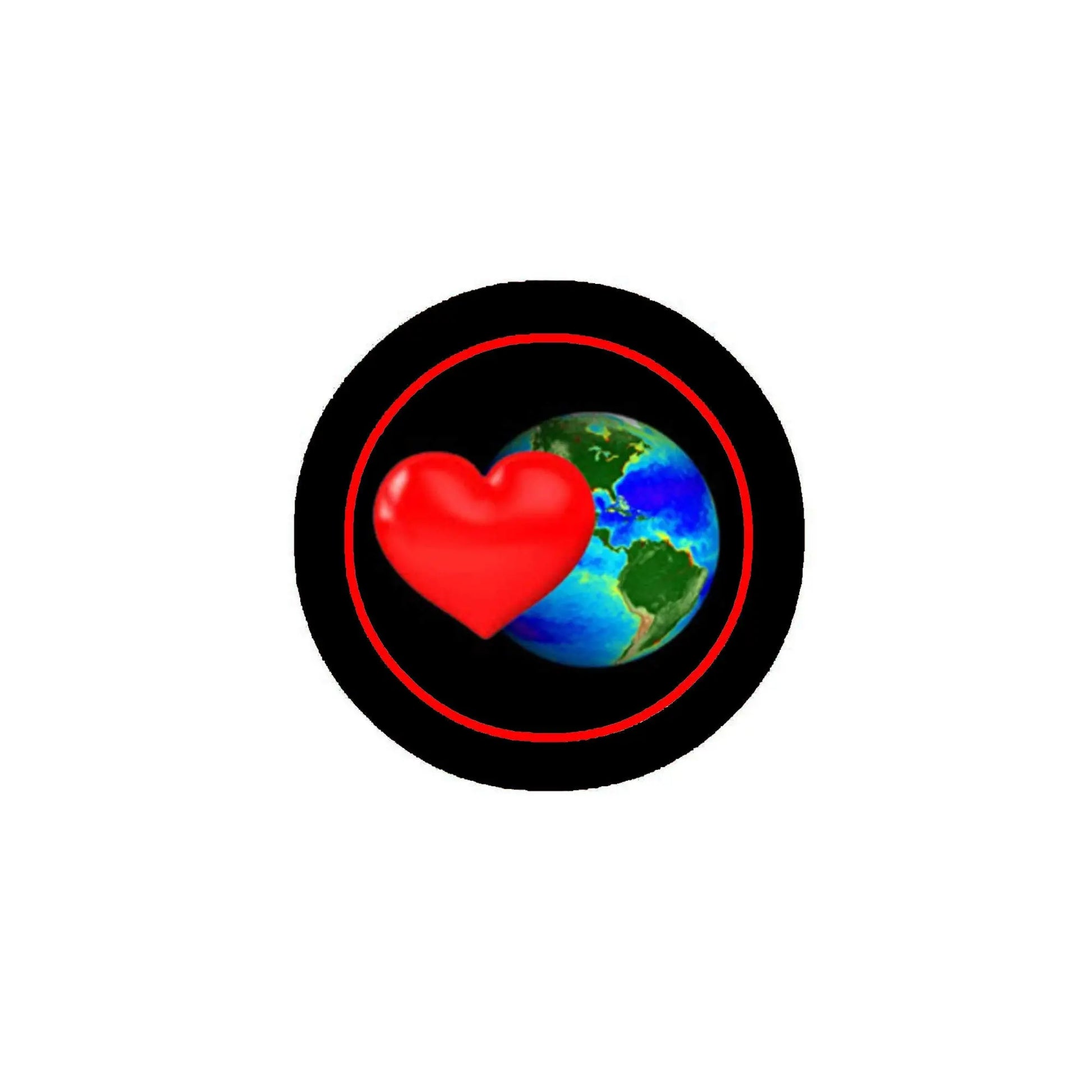Round black pinback badge with red heart over colorful Earth globe