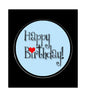 Baby blue circular pinback badge with black border, 'Happy Birthday' script, and red heart