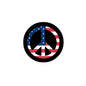 Round peace symbol pinback button with USA flag colors and black rim