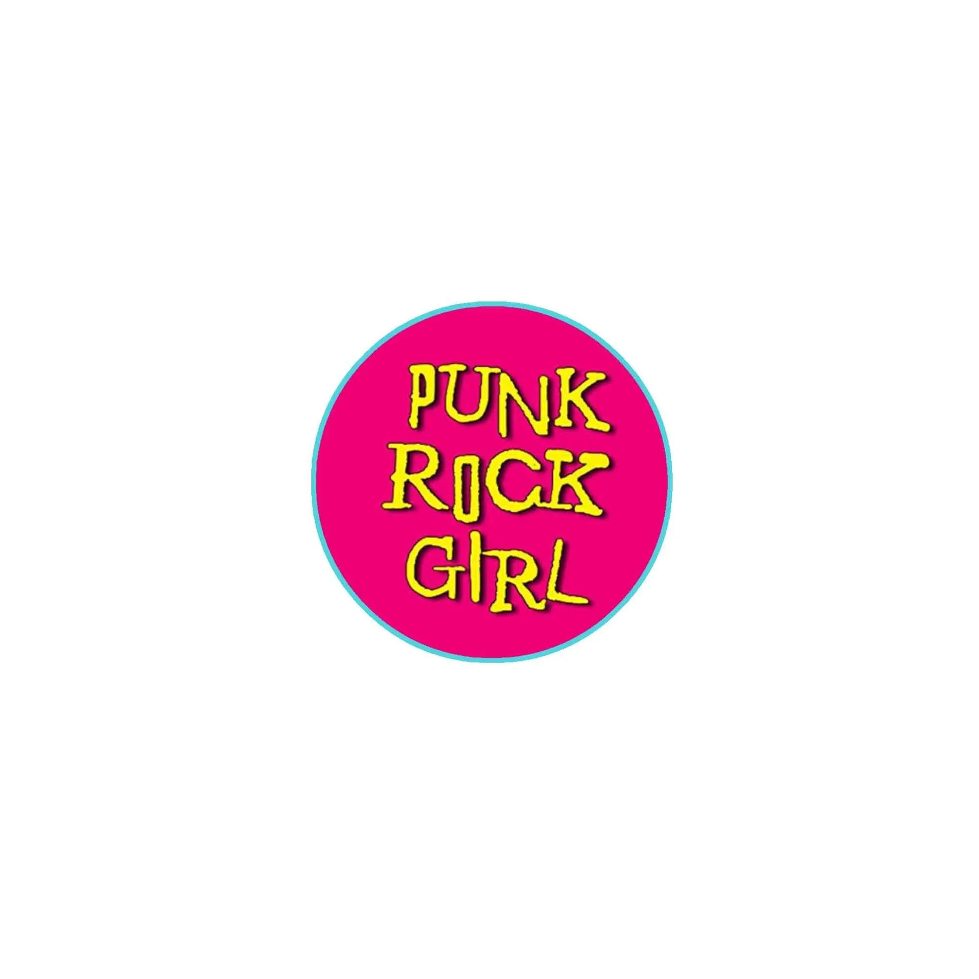 1.25-inch pinback button with pink circle, turquoise rim, and Punk Rock Girl text