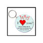 Round keychain, blue “Why I love you?” pendant with red heart charm