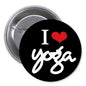Yoga awareness pinback button, black with 'I ♥ yoga' and red heart