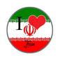 1.25-inch circular pinback button in green, white, and red with heart and Iran text