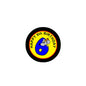 6th birthday pinback badge, round black border with yellow center and Happy text