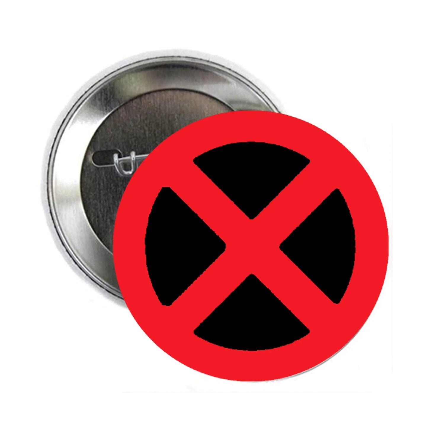 2.25-inch round metal pinback with red circle and black X logo