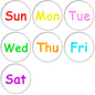 Alphabet day pinback buttons set of 7, circular enamel badges with Sun–Sat text