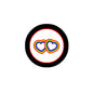 Rainbow heart double-heart enamel pin with rainbow outline, circular black border