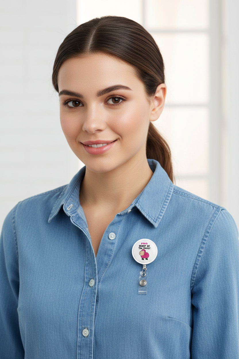 Retractable badge reel clipped to denim shirt, showing Pink Sheep of The Family logo