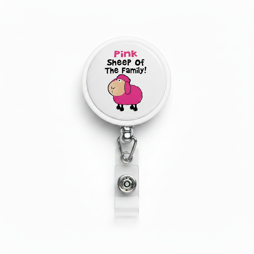 Retractable badge reel with round Pink Sheep of The Family logo and metal clip