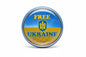 Round Ukraine pinback button with blue-yellow flag and “FREE UKRAINE” text