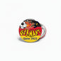 Round Germany Qatar 2022 pinback button with soccer ball and flame graphics