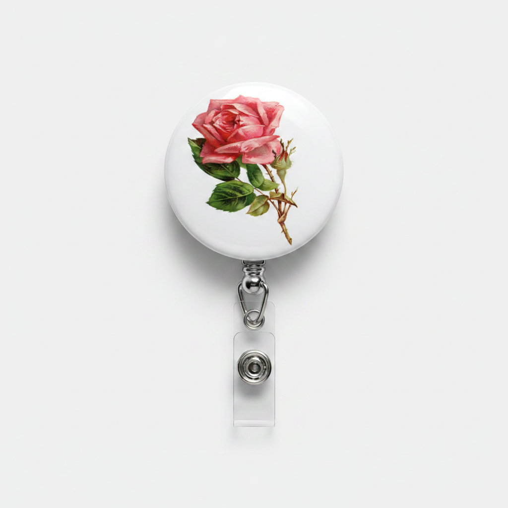 Retractable badge reel with pink felt rose charm, metal clip and white round case
