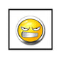 Angry face pinback badge with yellow circle, arched eyes, and gray angry mouth