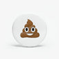Poop emoji pinback button, white round face with brown cartoon poop character