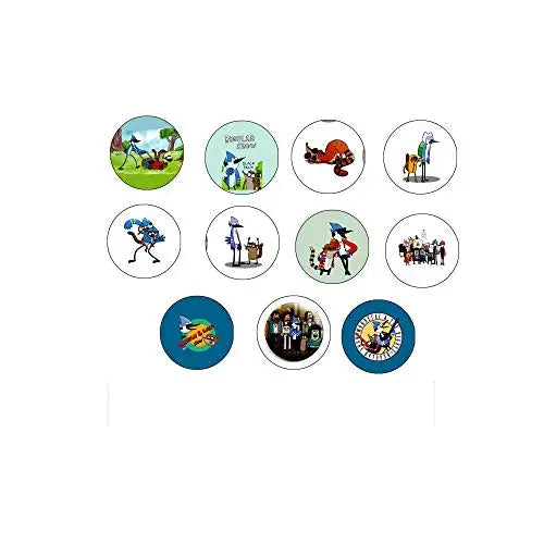 Set of 8 circular pinback buttons with Regular Show characters, 1.25-inch badges