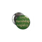 Round green enamel friendship pin with LOVE and LOYALTY text, silver pinback