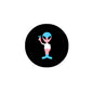 2.25-inch pinback badge, round black with colorful alien-like figure icon