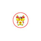 Round red-bordered family coat of arms crest magnet, detailed shield and banner