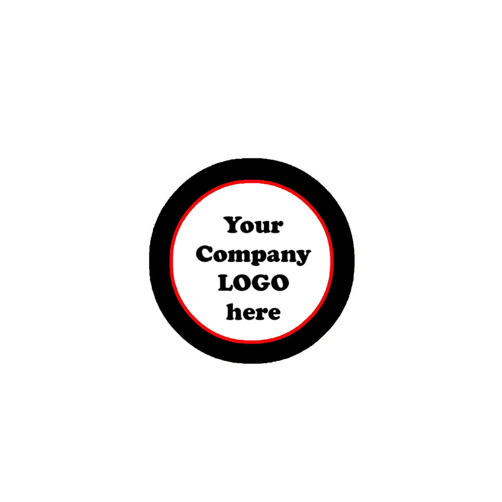 2.25-inch pinback button, black rim, red ring, white logo text