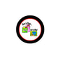 Black round pinback button, red ring, 'Born to Shop... not to Mop!' cartoon design