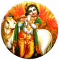 Round pinback button with Hindu god holding flute beside white cow