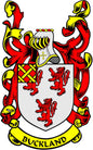Buckland family crest coat of arms magnet with shield, red lions, and red-and-yellow accents