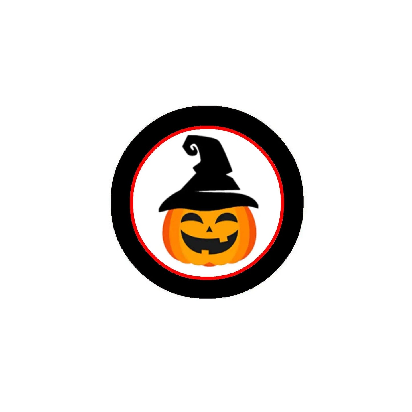 1.25-inch pinback button with black border, witch hat and jack-o'-lantern face