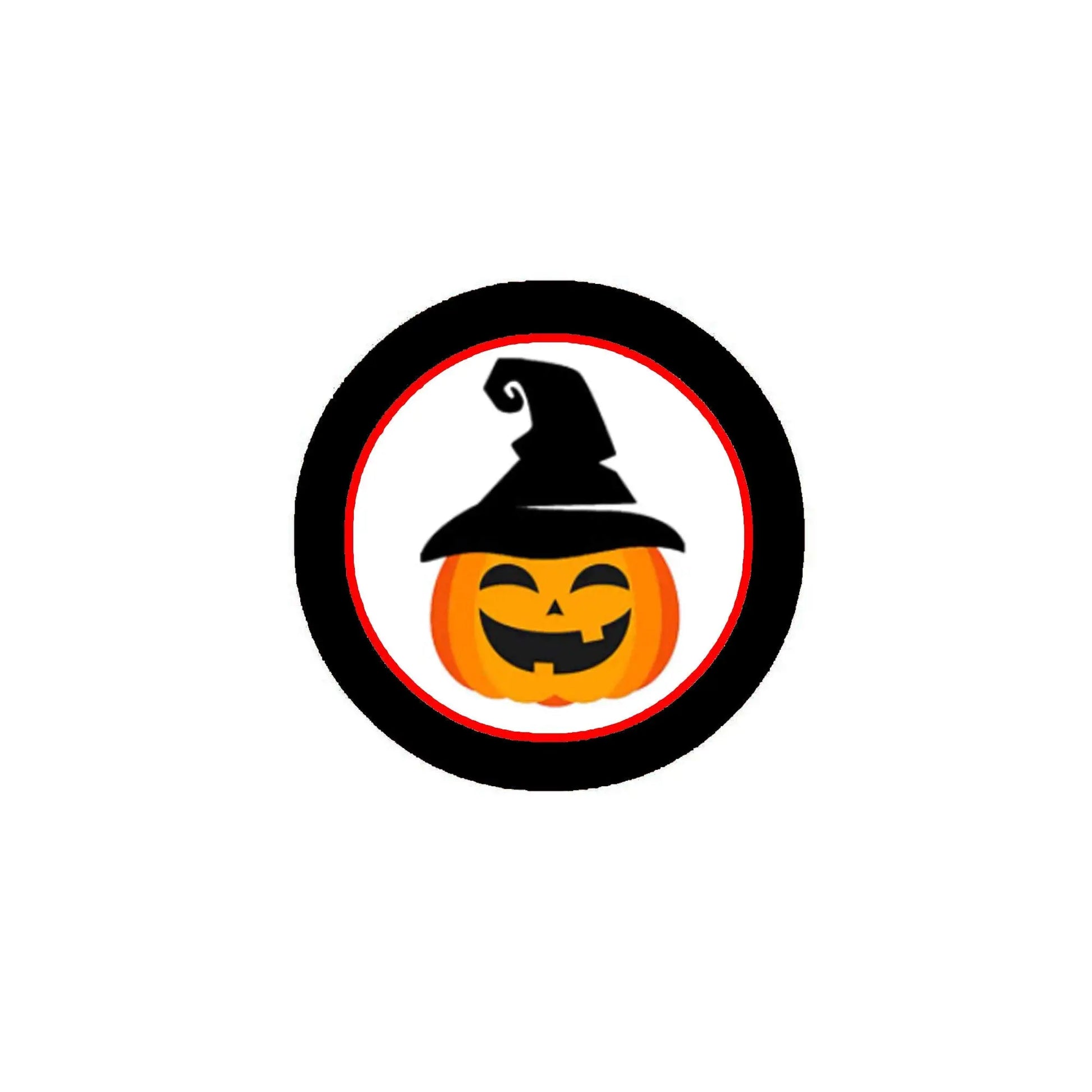 1.25-inch pinback button with black border, witch hat and jack-o'-lantern face