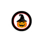 1.25-inch pinback button with black border, witch hat and jack-o'-lantern face
