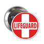 Round pin-back badge with red cross and LIFE GUARD lettering, silver border