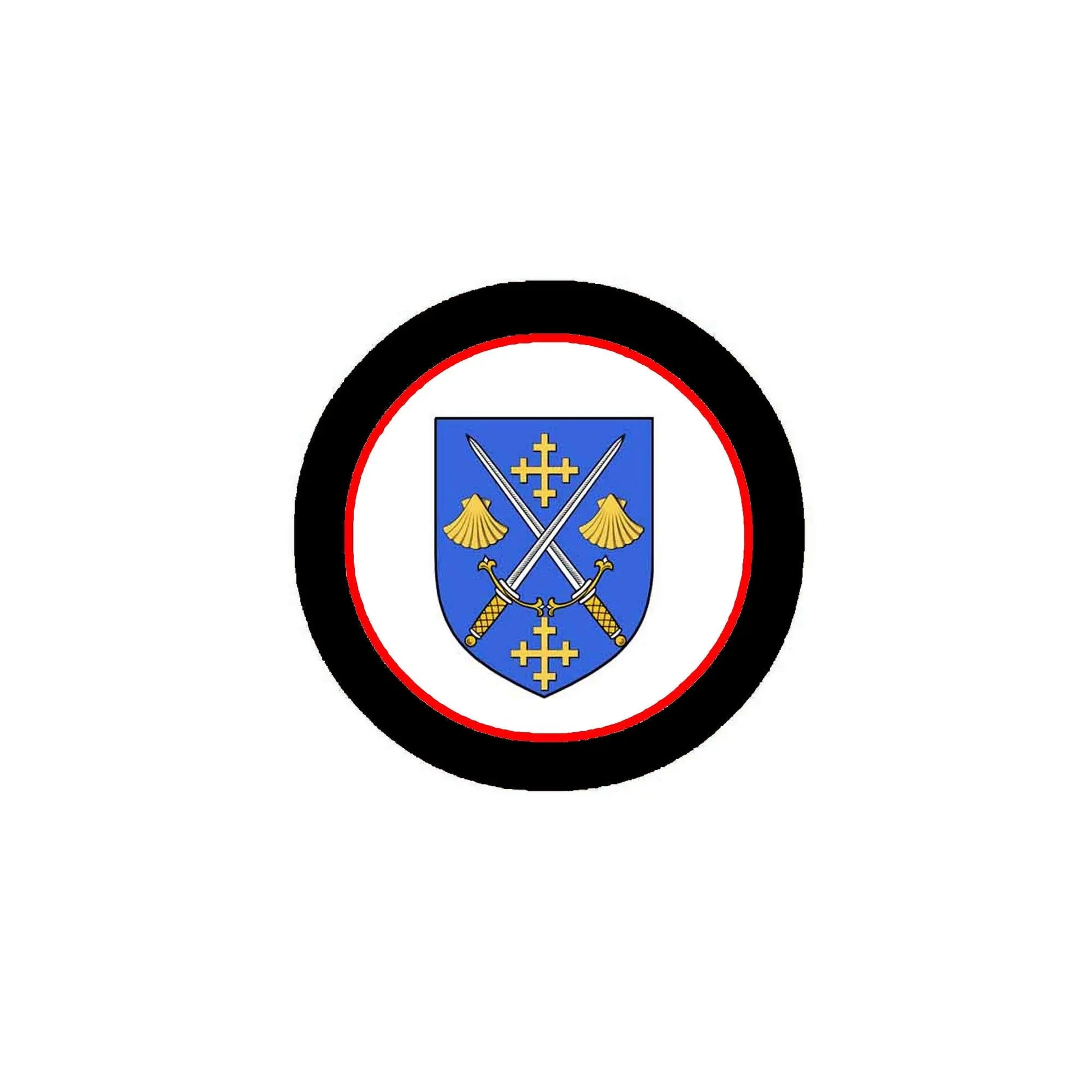 3-inch circular coat of arms magnet with blue shield and gold symbols on black ring