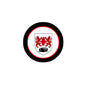 Round pinback badge, black ring with red border and white coat-of-arms crest