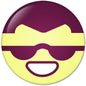 Yellow face emoticon pinback button with purple sunglasses and smiling mouth