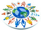 Round button badge with blue globe peace logo and multicolor confetti ring, “Save the World”
