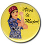Round yellow button with illustrated woman and Viva la Mujer text