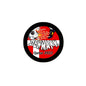 Circular Denmark soccer pin with black border, red flame emblem, and Qatar 2022 text