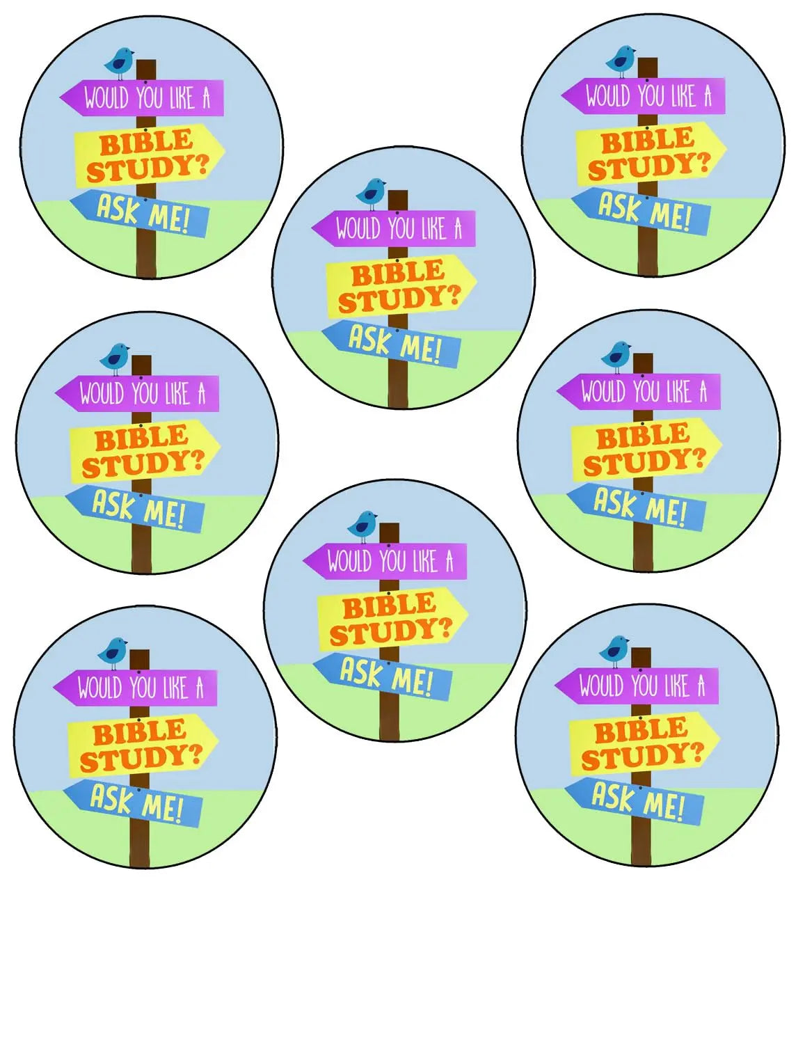 2.25-inch round pin badges with colorful "Bible study? Ask me!" text