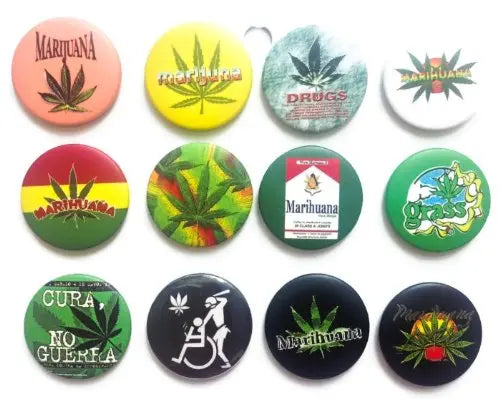 Set of round pinback button badges with marijuana leaf and smoke artwork, assorted colors