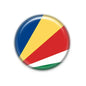 Seychelles national flag pinback button, circular with blue, yellow, and red flag colors