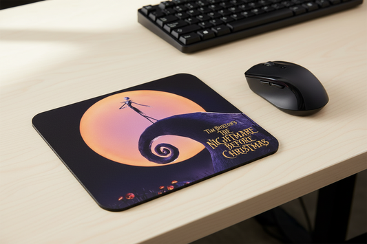 Rectangular dark mousepad with orange moon, spiral, and small character silhouette