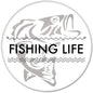 Fishing Life 2.25-inch pinback button, white circle with gray fish graphic and bold text.