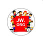 Round pinback badge with children playing music around a red JW. ORG square