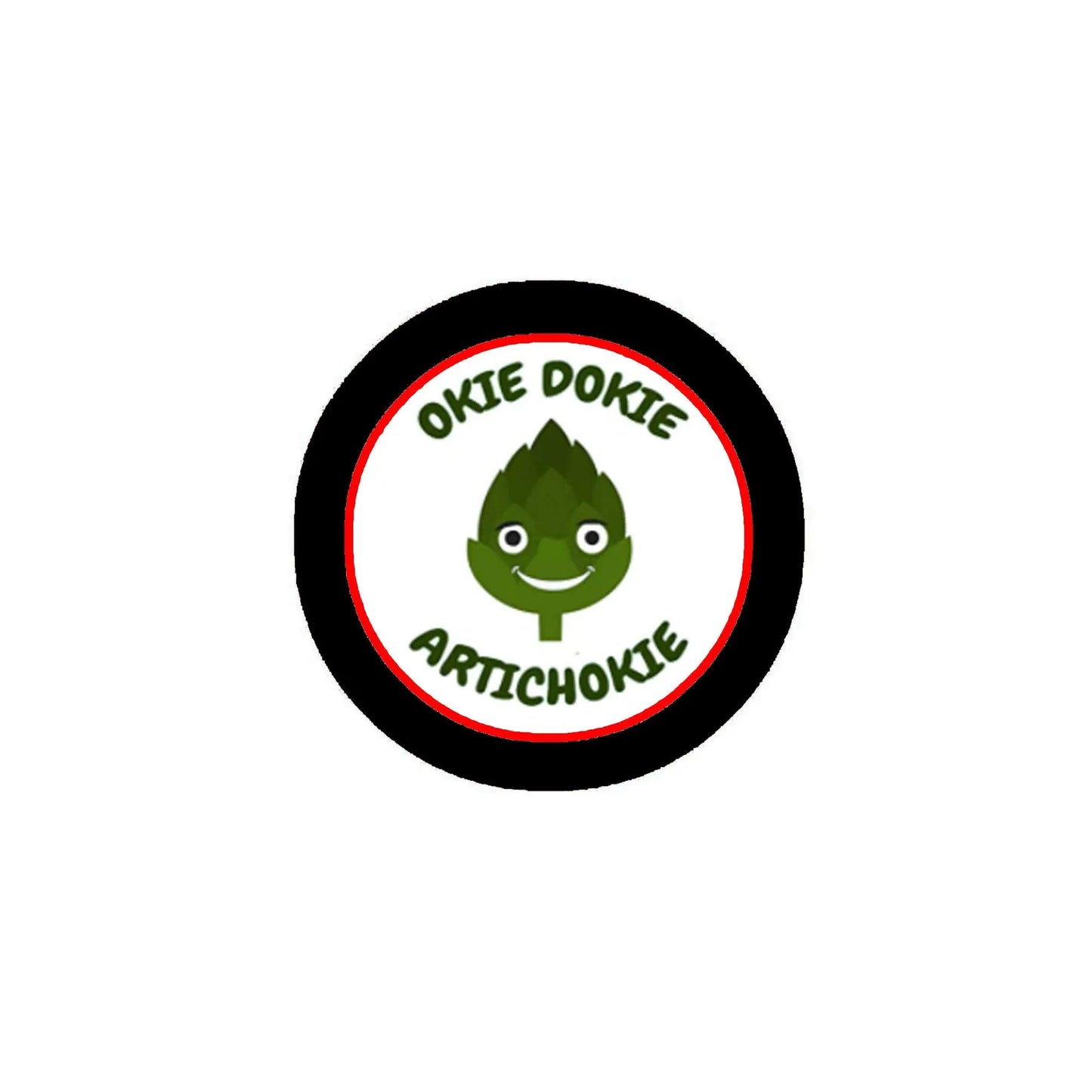 2.25-inch round pinback badge with Okie Dokie Artichokie art and green character